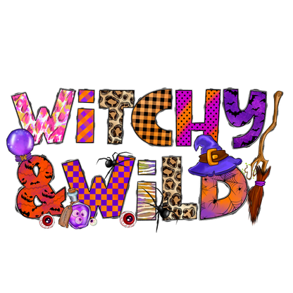 Celebrate the festive spirit with this colorful Halloween-themed design featuring the playful phrase "Witchy & Wild" and whimsical elements!DTF Transfersdtf regular irondtf regular iron