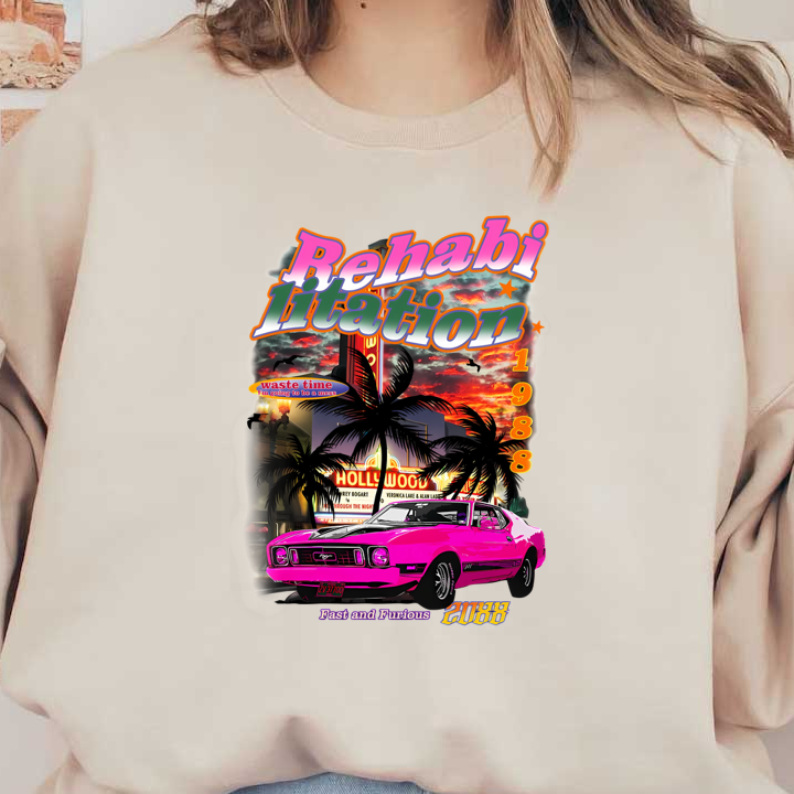 Un gráfico vibrante que presenta un clásico muscle car rosa con palmeras, un fondo retro de Hollywood y un texto divertido.