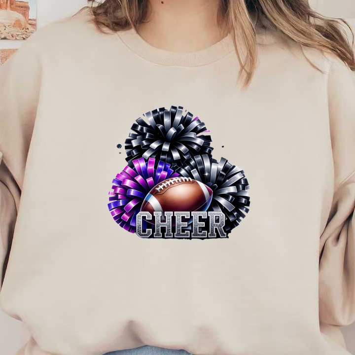 A vibrant graphic featuring a football and colorful cheerleader pom-poms, capturing the spirit of cheerleading and sports excitement.DTF Transfersdtf regular iron