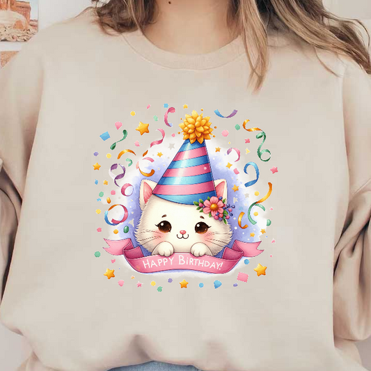 A cute cartoon kitten wearing a colorful party hat and a flower crown, surrounded by confetti, celebrating a happy birthday!DTF Transfers