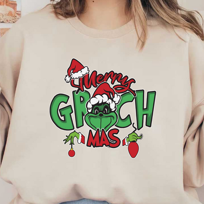 Celebrate the season with this playful "Merry Grinchmas" design featuring the mischievous Grinch in a festive Santa hat!DTF Transfersdtf regular iron