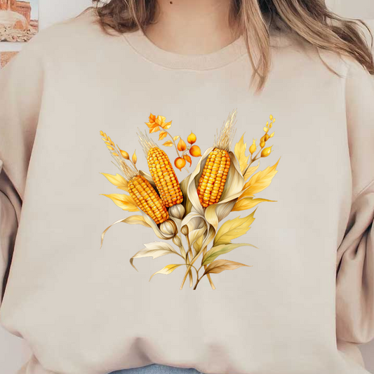 A beautiful illustration of three golden corn cobs surrounded by vibrant autumn leaves and delicate wildflowers.dtf regular iron