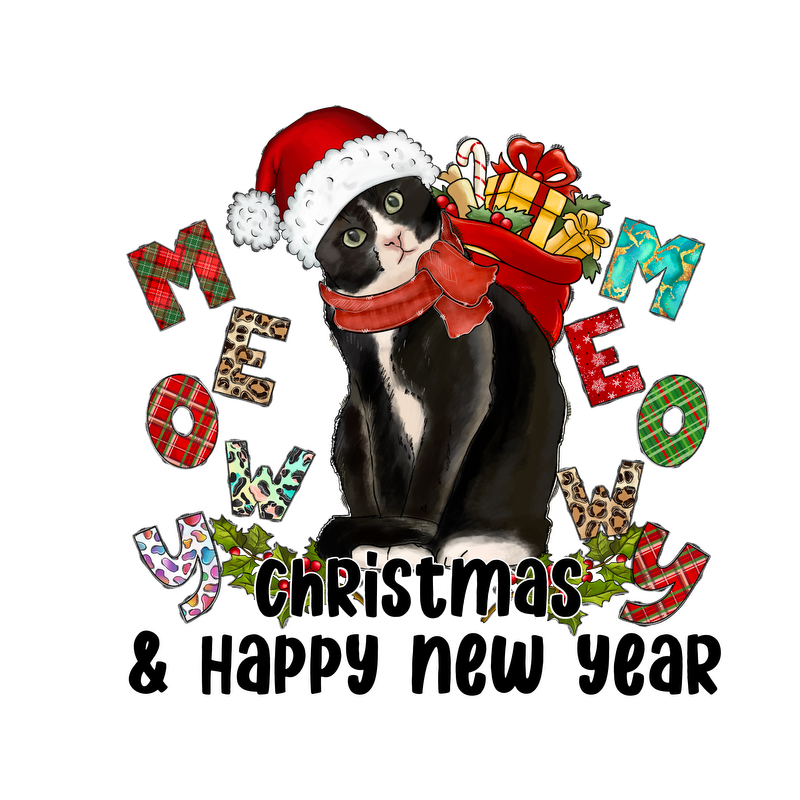 A festive black and white cat in a Santa hat with a scarf surrounded by colorful letters and holiday gifts.DTF Transfers dtf prints