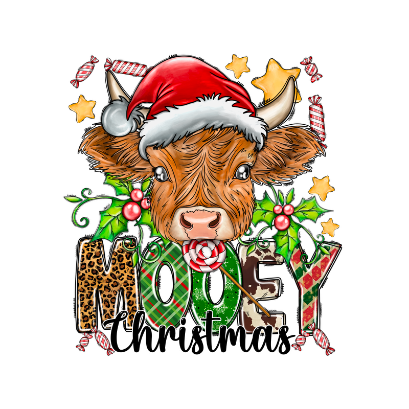 Celebrate the holidays with this cheerful illustration of a cow in a Santa hat, adorned with festive decorations and candy canes!DTF Transfers dtf prints