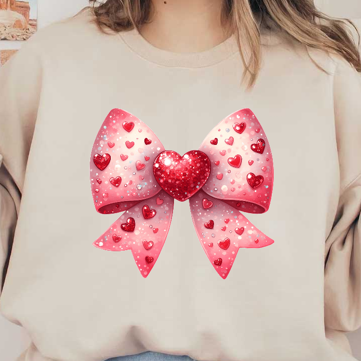 A cute pink bow embellished with sparkling hearts and a glittery heart in the center, perfect for festive occasions.DTF Transfers