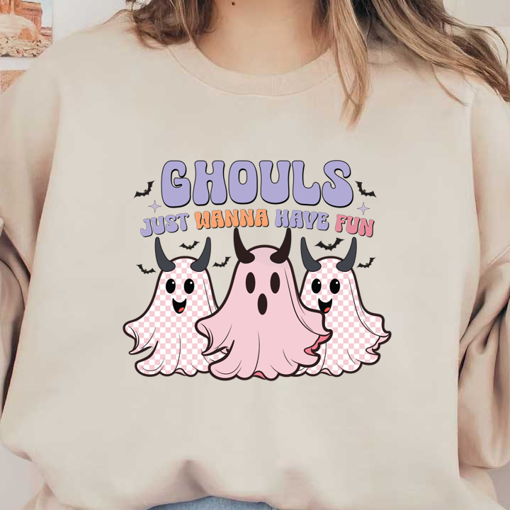 A playful design featuring three cute, horned ghosts and the text "Ghouls Just Wanna Have Fun." Perfect for Halloween! dtf transfers