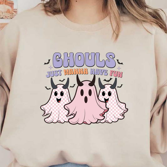 A playful design featuring three cute, horned ghosts and the text "Ghouls Just Wanna Have Fun." Perfect for Halloween! dtf transfers