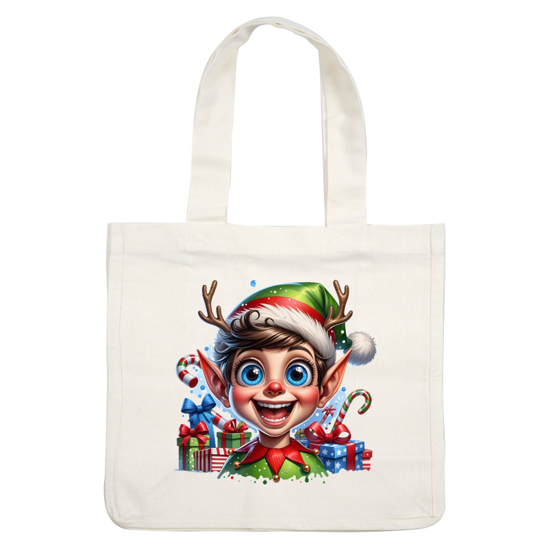 A cheerful elf boy with bright blue eyes, antlers, and a festive outfit is surrounded by colorful presents and candy canes.DTF Transfers dtf prints