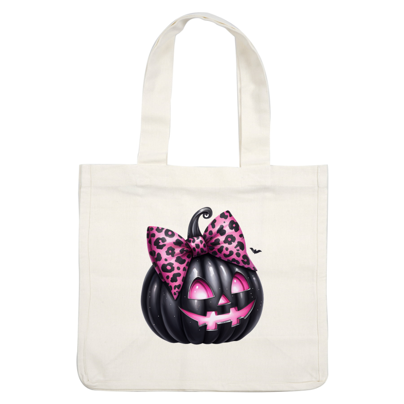 Una divertida calabaza negra con un lazo con estampado de leopardo rosa y ojos brillantes, perfecta para una elegante decoración de Halloween.