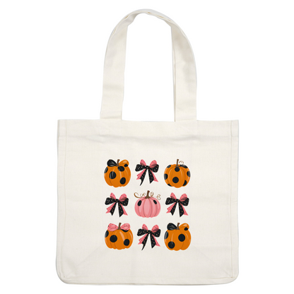 A festive collection of polka dot pumpkins and bows in vibrant orange, pink, and black, perfect for autumn decor. dtf transfers