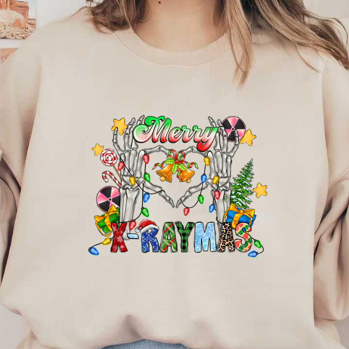 Celebrate the season with this playful "Merry X-Raymas" graphic featuring festive skeleton hands, holiday gifts, and cheerful decorations!DTF Transfers dtf prints