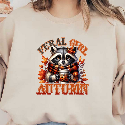 A cute raccoon dressed in a scarf holds a pumpkin coffee cup amidst autumn leaves, with "Feral Girl Autumn" text. heat press transfers