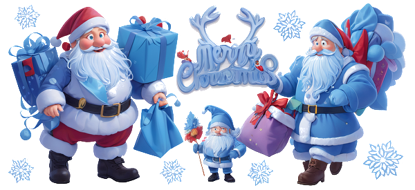 A cheerful group of cartoon Santa Clauses holds colorful gifts, showcasing a festive "Merry Christmas" sign among snowflakes.UV Transfers heat press transfers