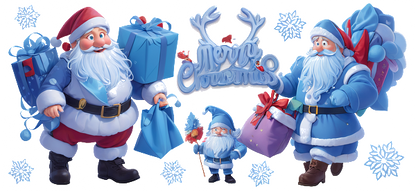 A cheerful group of cartoon Santa Clauses holds colorful gifts, showcasing a festive "Merry Christmas" sign among snowflakes.UV Transfers heat press transfers