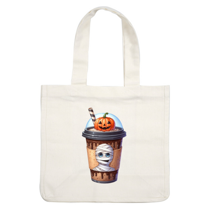 A festive Halloween-themed drink featuring a cute mummy and a smiling pumpkin on top of a chocolate shake. dtf prints