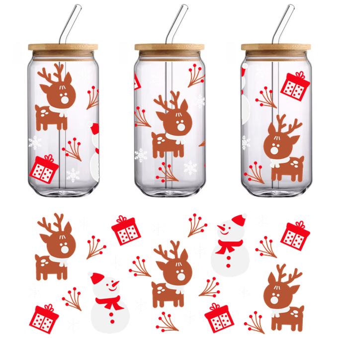 A whimsical holiday pattern featuring playful reindeer, cheerful snowmen, and festive gifts, all adorned with winter elements.UV Transfers dtf transfers