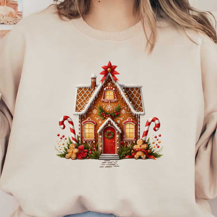 A charming gingerbread house decorated with icing, candy canes, and festive greenery, perfect for holiday celebrations. heat press transfers