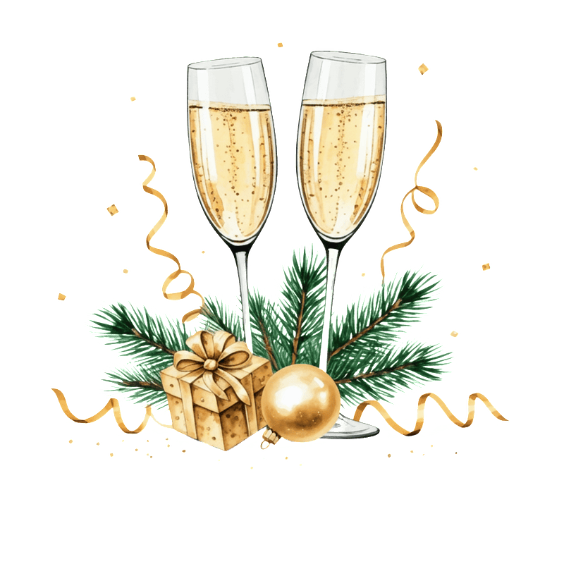 Celebrate the season with two sparkling champagne flutes, surrounded by festive greenery, a gift box, and a golden ornament.DTF Transfers