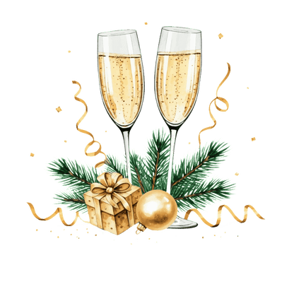 Celebrate the season with two sparkling champagne flutes, surrounded by festive greenery, a gift box, and a golden ornament.DTF Transfers