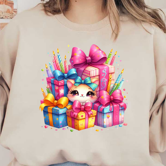 A cute kitten peeks out from behind colorful gift boxes adorned with vibrant bows and festive candles, perfect for celebrations!DTF Transfers
