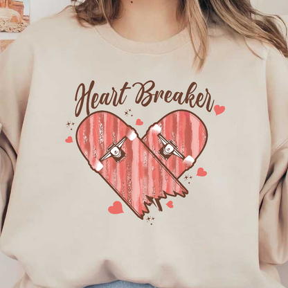 A playful design featuring broken skateboard decks styled as a heart, adorned with the text "Heart Breaker" and cute hearts.DTF Transfers