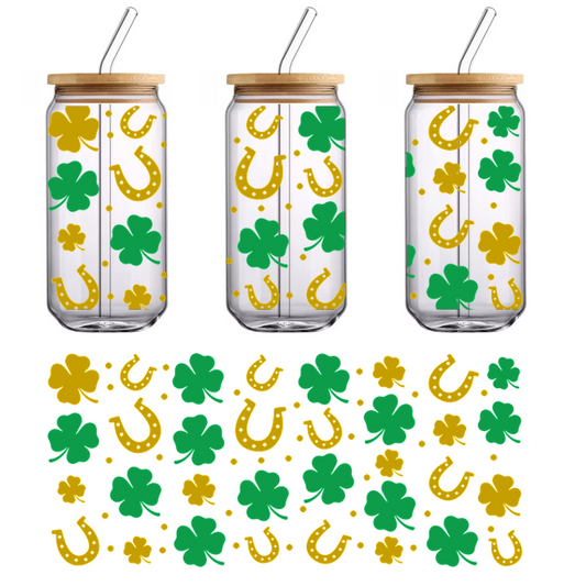 A festive pattern featuring vibrant green shamrocks and golden horseshoes, perfect for St. Patrick's Day celebrations.UV Transfersdtf regular iron