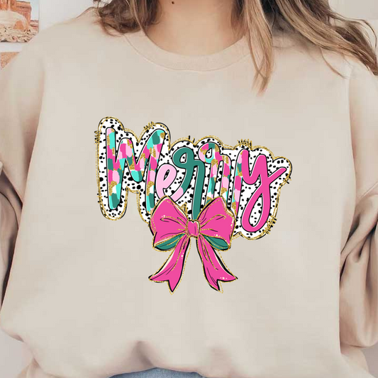 A vibrant "Merry" design featuring colorful letters and a festive pink bow, perfect for holiday decorations or greeting cards.DTF Transfers