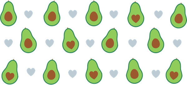 A playful pattern of avocados and hearts, featuring green fruits with brown pits and light gray hearts on a black background.UV Transfers heat press transfers