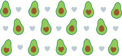 A playful pattern of avocados and hearts, featuring green fruits with brown pits and light gray hearts on a black background.UV Transfers heat press transfers