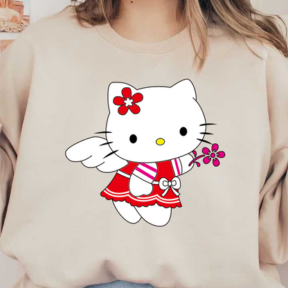 Adorable Hello Kitty is dressed in a vibrant red outfit with a flower accessory, showcasing her cute and playful charm.DTF Transfers