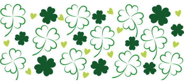 A vibrant pattern featuring green clovers and yellow hearts, perfect for celebrating St. Patrick's Day or adding a touch of luck!UV Transfers dtf transfers