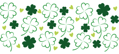 A vibrant pattern featuring green clovers and yellow hearts, perfect for celebrating St. Patrick's Day or adding a touch of luck!UV Transfers dtf transfers