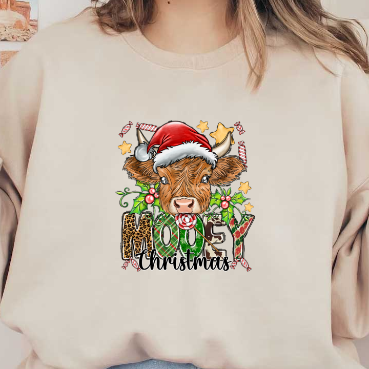 Celebrate the holidays with this cheerful illustration of a cow in a Santa hat, adorned with festive decorations and candy canes!DTF Transfers dtf prints