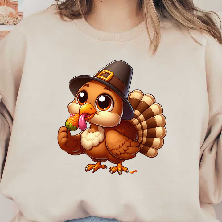 A cute cartoon turkey wearing a pilgrim hat, holding a small dessert, with big expressive eyes and a colorful feathered tail. dtf transfers