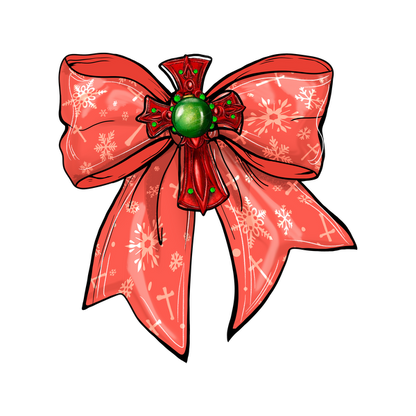 A festive red bow featuring snowflake patterns and a green gemstone center, perfect for holiday decorations. dtf prints