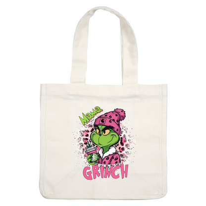 This playful illustration features the Grinch in a cozy pink outfit and hat, holding a coffee cup, embodying a fun, festive spirit.DTF Transfers