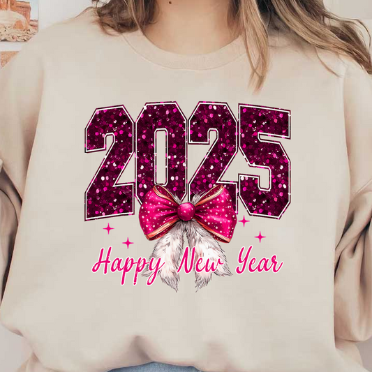 Celebrate the arrival of 2025 with a festive design featuring sparkling numbers, a vibrant bow, and cheerful wishes for a Happy New Year!DTF Transfers dtf transfers dtf transfers