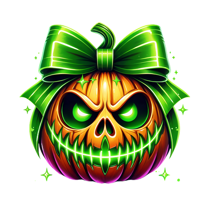 Una calabaza espeluznante pero alegre presenta una cara de calavera y un lazo verde vibrante, perfecta para decoraciones festivas.