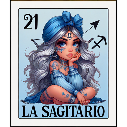 Una encantadora ilustración de una niña con cabello largo y ondulado con un atuendo azul, que representa a Sagitario con intrincados tatuajes y accesorios.