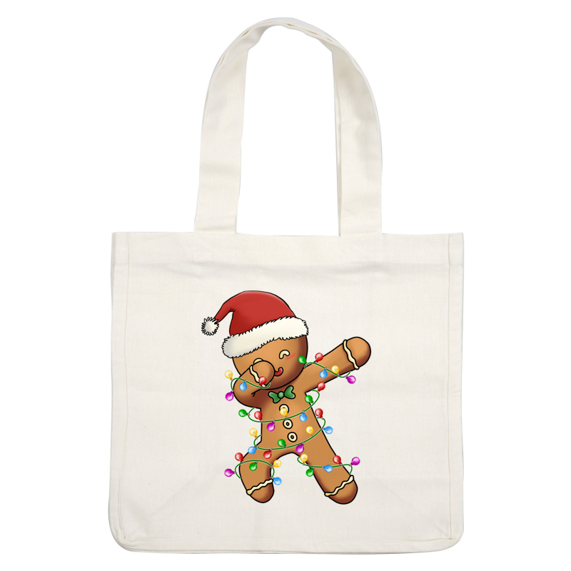 A cheerful gingerbread man in a Santa hat is playfully wrapped in colorful Christmas lights, exuding festive spirit. heat press transfers