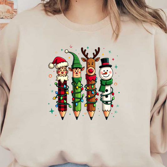A festive illustration of four colorful pencils dressed as Santa, an elf, a reindeer, and a snowman, adorned with Christmas lights.DTF Transfers