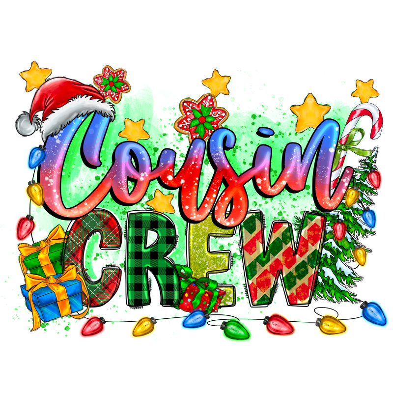 A vibrant and festive design featuring "Cousin Crew" in playful lettering with holiday decorations, gifts, and colorful lights.DTF Transfers dtf transfers