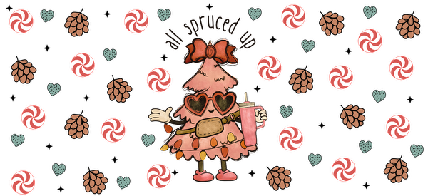 A whimsical, rosy-pink Christmas tree character, complete with a bow, sunglasses, and a drink, surrounded by festive peppermint and pinecone patterns.UV Transfersdtf regular iron