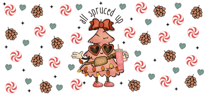 A whimsical, rosy-pink Christmas tree character, complete with a bow, sunglasses, and a drink, surrounded by festive peppermint and pinecone patterns.UV Transfersdtf regular iron