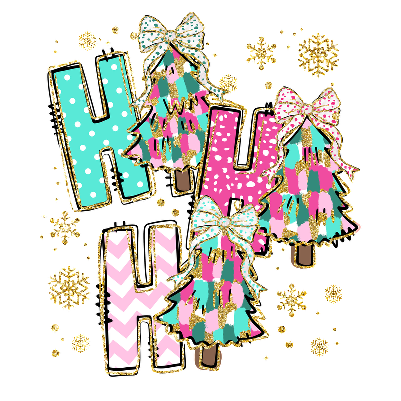 A festive design featuring colorful Christmas trees decorated with bows and vibrant patterns alongside playful "Ho Ho Ho" text embellished with sparkles.DTF Transfers
