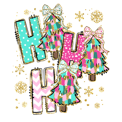 A festive design featuring colorful Christmas trees decorated with bows and vibrant patterns alongside playful "Ho Ho Ho" text embellished with sparkles.DTF Transfers