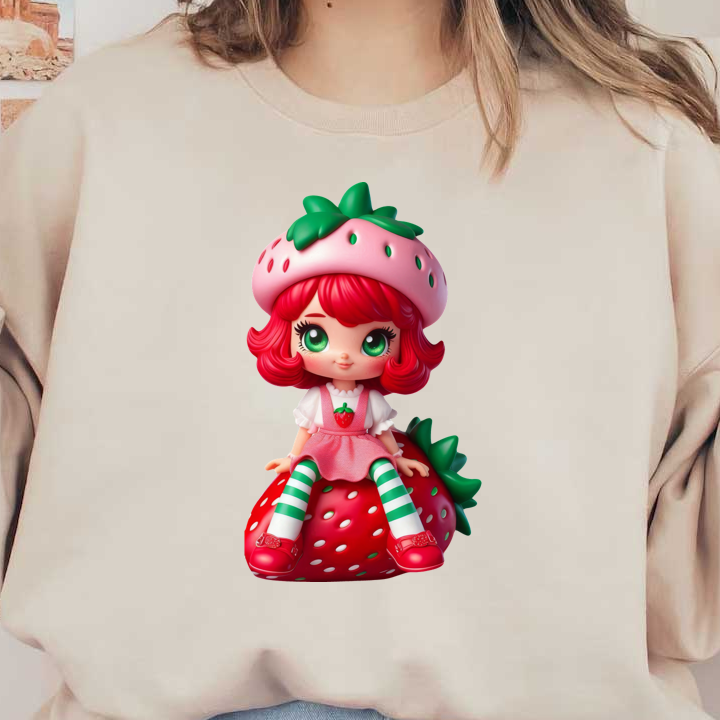 This is a charming strawberry-themed doll with bright red hair, striped stockings, and a cute strawberry hat.DTF Transfers