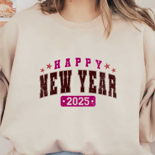 Celebrate the arrival of 2025 with this festive "Happy New Year" design featuring stars and bold lettering!DTF Transfers