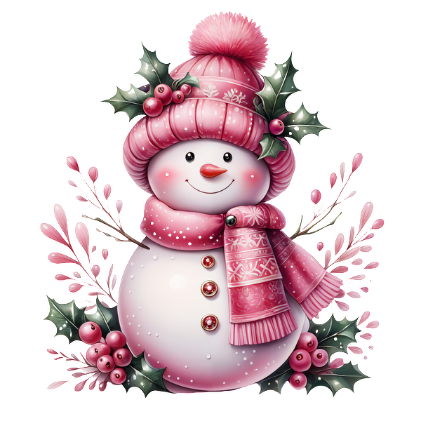 A cheerful pink snowman adorned with a cozy hat and scarf, surrounded by festive holly and berries, perfect for the holidays.dtf regular iron