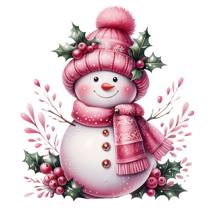 A cheerful pink snowman adorned with a cozy hat and scarf, surrounded by festive holly and berries, perfect for the holidays.dtf regular iron